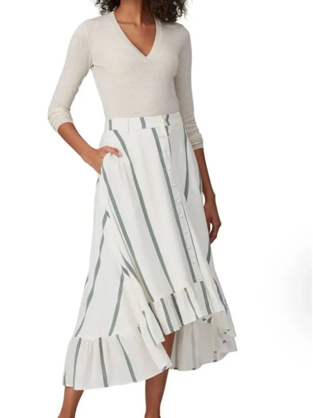 Sancia White & Green Stripe Basia Silk blend Hi-Low Midi skirt